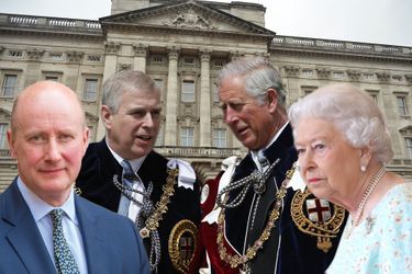 Sir Christopher Geidt, le prince Andrew, le prince Charles et la reine Elizabeth II, devant Buckingham palace