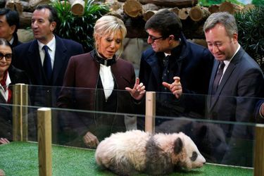 Brigitte Macron, Rodolphe Delord, directeur du zoo, et le secrétaire d&#039;Etat Jean-Baptiste Lemoyne lors du baptême du panda Yuan Meng. 