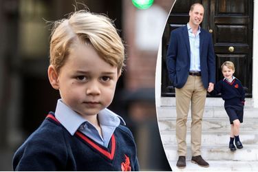 Le prince George, premier jour à l'école à Londres le 7 septembre 2017. En vignette, portrait devant Kensington Palace avec le prince William