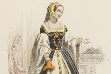 Lithographie du XIXe siècle représentant la reine Claude, première épouse de François Ier, avec les fruits auxquels elle donna son nom 