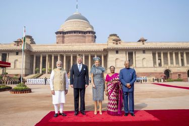 La reine Maxima et le roi Willem-Alexander des Pays-Bas avec le Premier ministre indien, le président de l'Inde et sa femme à New Delhi, le 14 octobre 2019