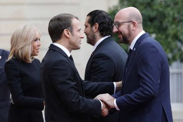 Brigitte et Emmanuel Macron accueillent le Premier ministre belge Charles Michel à l&#039;Elysée, le 30 septembre 2019.