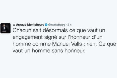 Le tweet incendiaire d&#039;Arnaud Montebourg après le vote annoncé de Manuel Valls pour Emmanuel Macron au premier tour.
