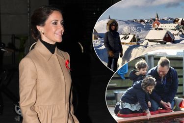 La princesse Marie de Danemark le 27 novembre 2016. En médaillon : la princesse Marie au Groenland, ses enfants Henrik et Athena à Kerteminde le 15 mars 2017