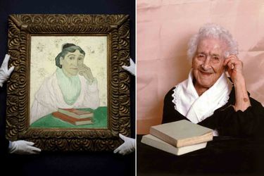 En 1988, Jeanne Calment, alors âgée de 113 ans, pose à la façon de l&#039;Arlésienne de Vincent Van Gogh, pour le photographe de Paris Match Manuel Litran. (À gauche, le tableau de 1890, exposé pour une vente aux enchères chez Christie&#039;s à Londres en 2006). 