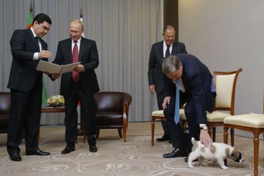 Le président turkmène Gurbanguly Berdimuhamedow a offert un chiot à Vladimir Poutine, le 11 octobre 2017.