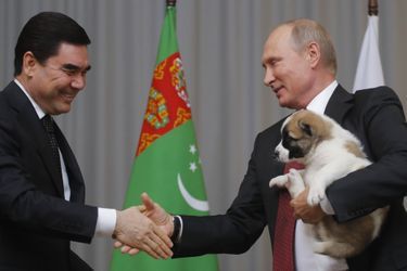Le président turkmène Gurbanguly Berdimuhamedow a offert un chiot à Vladimir Poutine, le 11 octobre 2017.