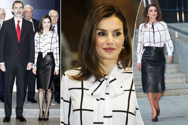 La reine Letizia d’Espagne à Madrid, le 13 février 2017. A droite: la reine Rania de Jordanie à Madrid, le 19 novembre 2015 