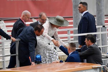 La reine des Belges Mathilde embarque sur un bateau à Venise, le 6 septembre 2019