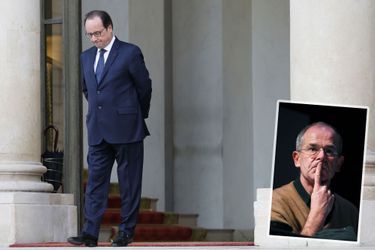 François Hollande à l&#039;Elysée le 2 mars. En médaillon, le journaliste François Bazin.