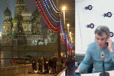 A g.: Des policiers autour de la dépouille, sur le pont Moskvoretski. A l’arrière-plan, la cathédrale Saint-Basile-le-Bienheureux. A d.: Boris Nemtsov a donné son ultime interview dans les locaux d’Echo de Moscou, une radio indépendante du pouvoir. 