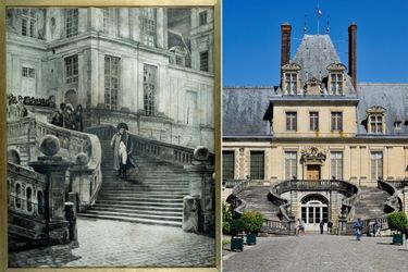 Gravure figurant Napoléon Ier à Fontainebleau après son abdication (Malmaison, musée du Château) – L’escalier du château de Fontainebleau le 25 mars 2017 