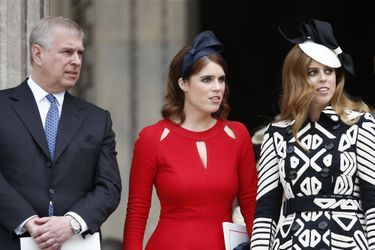 Le prince Andrew, la princesse Eugenie d&#039;York, la princesse Beatrice d&#039;York sortant de la messe à la cathédrale St Paul pour le 90ème anniversaire de la reine Elisabeth II, à Londres le 10 juin 2016.