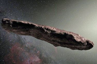 L&#039;astéroïde Oumuamua représenté sous la forme d&#039;un cigare. Mais il pourrait tout aussi bien être plat et fin comme une crêpe.