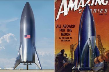A gauche, une illustration de Starship; à droite, une couverture du magazine de science-fiction Amazing Stories.