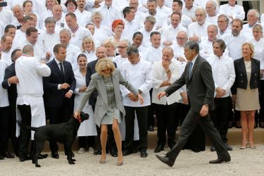 Emmanuel Macron et son épouse Brigitte ont reçu 180 chefs étoilés à l'Elysée. Leur chien Nemo a essayé de s'inviter sur la photo de famille. 
