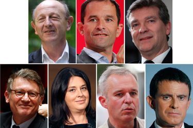Les sept candidats retenus : Jean-Luc Bennahmias, Benoit Hamon, Arnaud Montebourg, Vincent Peillon, Sylvia Pinel, Francois de Rugy et Manuel Valls