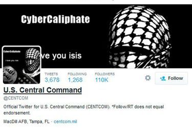 Une capture d&#039;écran du compte Twitter du commandement américain piraté le 12 janvier par des hackers agissant au nom de l&#039;Etat islamique. 