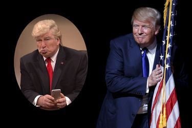 Donald Trump et son imitation par Alec Baldwin dans Saturday Night Live (en médaillon)