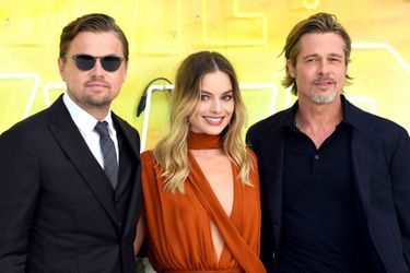 Leonardo DiCaprio, Margot Robbie et Brad Pitt à Londres, le 30 juillet 2019.