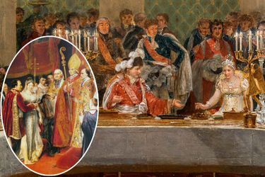 Le banquet de mariage de Napoléon Ier et Marie-Louise, par Casanova, détail. En vignette : Le mariage religieux de Napoléon Ier et Marie-Louise par Georges Rouget 