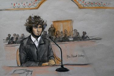 Dzhokhar Tsarnaev sur un dessin réalisé lors d&#039;une audience le 18 décembre dernier.