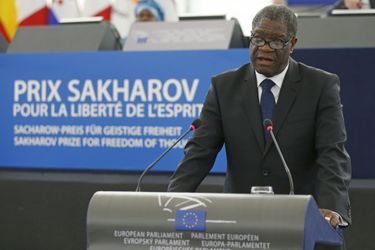 Le Dr Denis Mukwege lors de son discours devant le Parlement européen à Strasbourg, ce mercredi. 