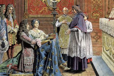 Le mariage secret de Louis XIV et de Madame de Maintenon au château de Versailles (détail). Illustration de Maurice Leloir en 1904 
