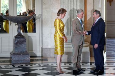 La reine Mathilde et le roi des Belges Philippe avec Eddy Merckx à Bruxelles, le 5 juillet 2019