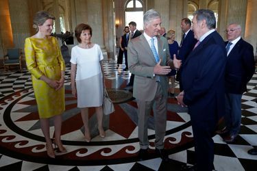 La reine Mathilde et le roi des Belges Philippe avec Eddy Merckx et sa femme à Bruxelles, le 5 juillet 2019