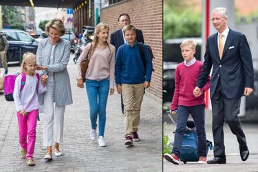 La reine Mathilde de Belgique avec les princesses Elisabeth et Eléonore et le prince Gabriel à Bruxelles, et le roi des Belges Philippe avec le prince Emmanuel à Louvain,  le 1er septembre 2016