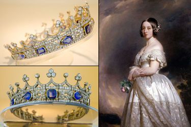 La tiare en saphirs et diamants de la reine Victoria - A droite: Victoria la porte en 1842 sur son portrait par Franz Xaver Winterhalter