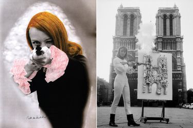 A gauche, en 1972, dans son long-métrage « Daddy », Niki tire sur des sachets de peinture accrochés à des toiles et recouverts de plâtre. Une technique qui l’a fait connaître du grand public. A droite: En 1963, Niki de Saint Phalle célèbre à sa façon, c’est-à-dire arme au poing, les 800 ans de Notre-Dame de Paris.
