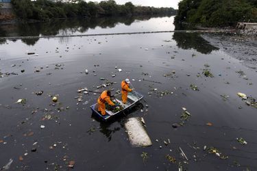 Des travailleurs tentent de ramasser les déchets présents dans la baie de Guanabara