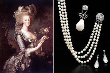 "Marie Antoinette à la pose" par Vigée-Lebrun, 1784 (château de Versailles). A droite, ses bijoux qui seront vendus par Sotheby's le 12 novembre 2018