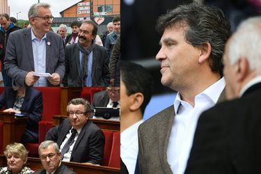 Pierre Laurent avec Philippe Martinez, leader de la CGT, Christian Paul à l'Assemblée nationale et Arnaud Montebourg.