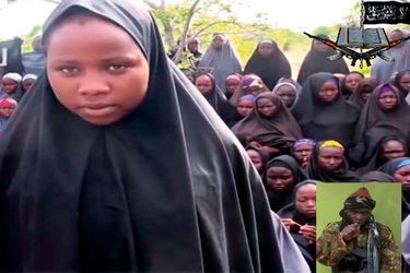 Des extraits de la vidéo: une adolescente annonce sa conversion, ses compagnes récitent des versets du Coran. En haut à droite le blason de la secte. En médaillon: Abubakar Shekau.