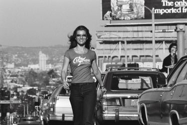 Souriante, Sheila prend la pose sur le légendaire Sunset Boulevard, à Hollywood en 1978