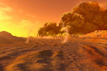 Illustration d'artiste d'une tempête de poussières sur Mars.