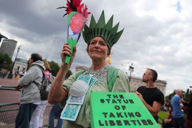 Une manifestante anti-Trump déguisée en «statue qui prend des libertés». «To take liberties» signifie manquer de respect en anglais.