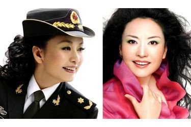 Grâce à son talent de chanteuse qu’elle a d’abord mis au service du moral des troupes, Peng Liyuan est devenue générale de division. A droite, Peng Liyuan version star.