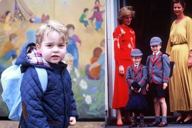Le prince George à la Westacre Montessori School Nursery le 6 janvier 2016 - Les princes Harry et William avec leur mère Lady Diana à la Wetherby school à Londres le 11 septembre 1989