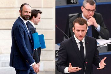 Edouard Philippe et Benoît Ribadeau-Dumas (à g.) et Emmanuel Macron et Alexis Kohler (à d.).