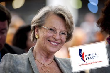 Michèle Alliot-Marie et le logo de son nouveau parti, Nouvelle France.