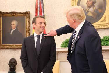 Donald Trump en train de balayer les pellicules du costume d'Emmanuel Macron. 