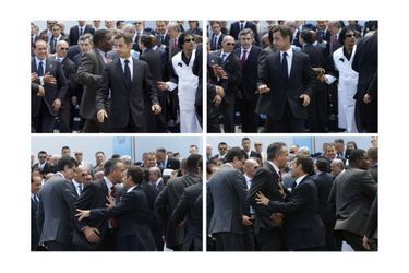 Un montage photos Reuters montre Nicolas Sarkozy se faisant bousculer par un agent de sécurité au G8. Après la photo de groupe des dirigeants présents à L&#039;Aquila, on y voit le président français anticiper l&#039;incident, s&#039;y préparer, puis finalement retenir l&#039;homme en question, dont on ne sait pour l&#039;heure ce qui l&#039;a poussé à se ruer vers la foule -on voit en revanche que Nicolas Sarkozy n&#039;est pas visé directement. 
