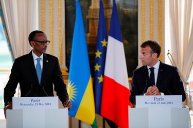 Paul Kagame et Emmanuel Macron à l&#039;Elysée, le 23 mai 2018.