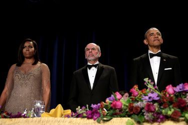 Michelle Obama, Jerry Seib et Barack Obama au dîner des Correspondants à la Maison Blanche, le 30 avril 2016 à Washington.