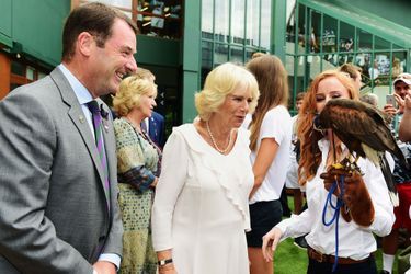 La duchesse de Cornouailles Camilla avec Rufus le faucon à Wimbledon, le 2 juillet 2015