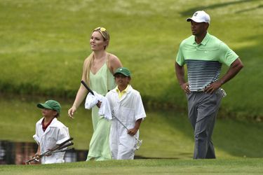 Tiger Woods avec ses enfants et sa compagne, Lindsey Vonn, à Augusta le 8 avril 2015